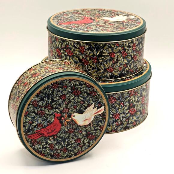 Merry Christmas Tin Storage Set - Cardinal, Dove, Floral Berry Design - Picture 5 of 8